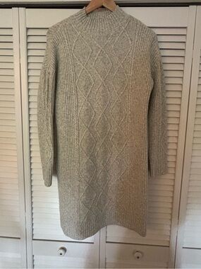 LOFT Gray Cable Knit Sweater Dress Mock Neck Medium Cozy Winter Dress